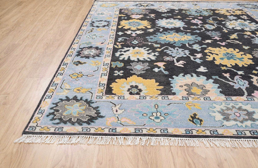 Antique Oushak afghan Handmade Design Contemporary 8X10 Rug in Charcoal black |Blue colour Floral Hand knotted Wool Area RugHE-20223 Turkish