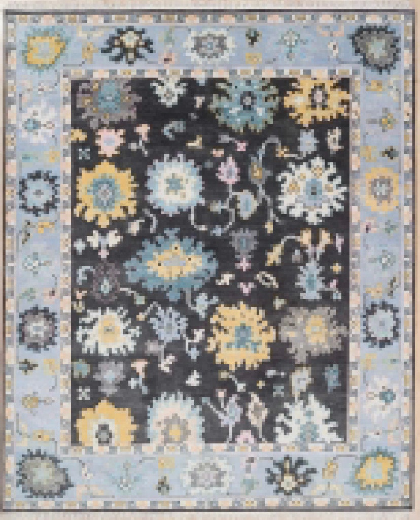 Antique Oushak afghan Handmade Design Contemporary 8X10 Rug in Charcoal black |Blue colour Floral Hand knotted Wool Area RugHE-20223 Turkish