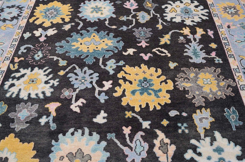 Antique Oushak afghan Handmade Design Contemporary 8X10 Rug in Charcoal black |Blue colour Floral Hand knotted Wool Area RugHE-20223 Turkish