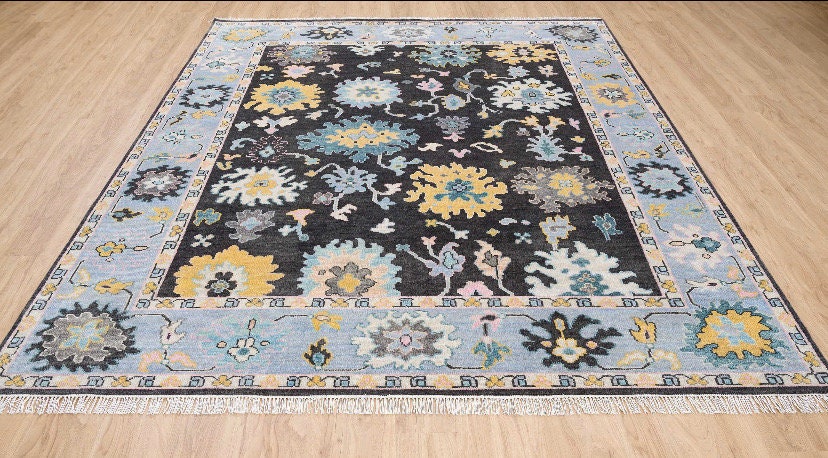 Antique Oushak afghan Handmade Design Contemporary 8X10 Rug in Charcoal black |Blue colour Floral Hand knotted Wool Area RugHE-20223 Turkish