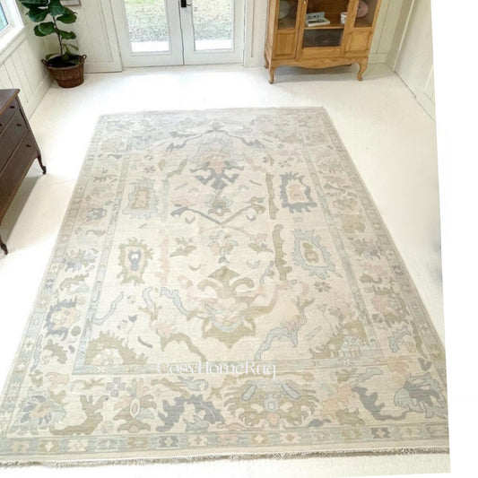 Afghan Handmade Oushak Design Contemporary 8X10 Rug in Beige  Color hand knotted Turkish Rug|Floral antique Hand knotted Wool Area RugHE89