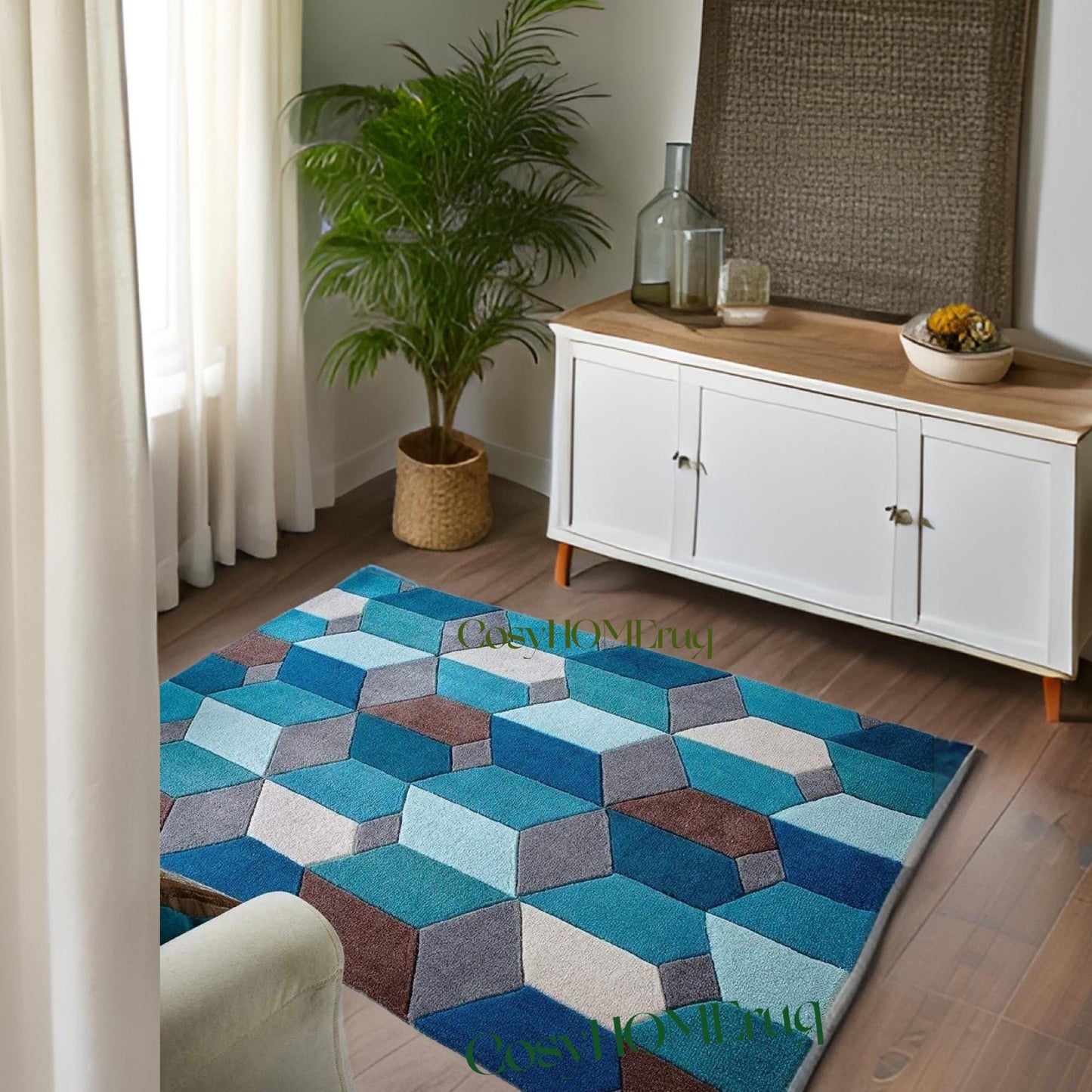 Geometric design Hand Tufted Size 8x10ft Rug 6x9ft. Rug 5x8ft. 9x12ft.Modern  Area Rug for bedroom,Home, office Baxter Style wool rug Blue