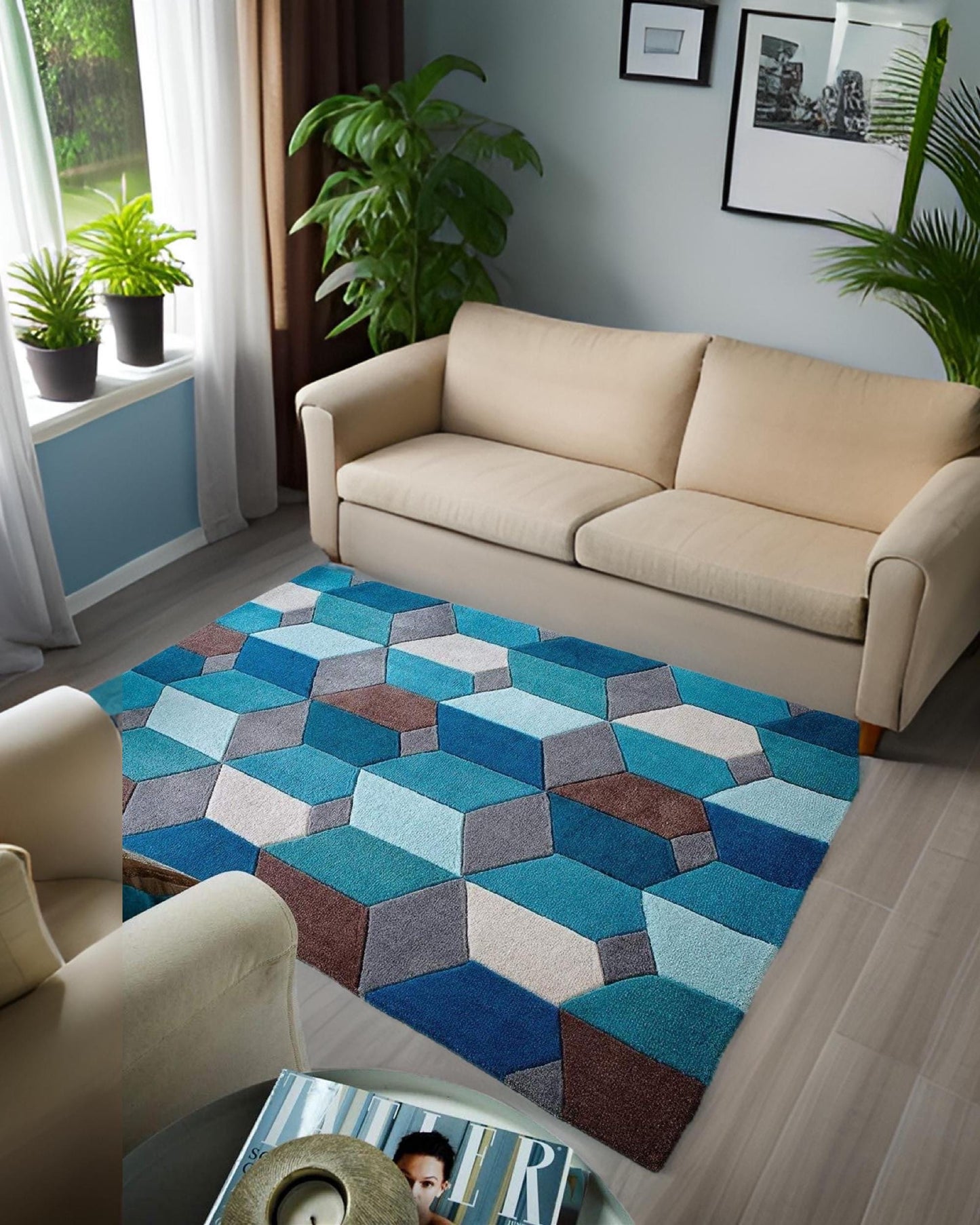 Geometric design Hand Tufted Size 8x10ft Rug 6x9ft. Rug 5x8ft. 9x12ft.Modern  Area Rug for bedroom,Home, office Baxter Style wool rug Blue